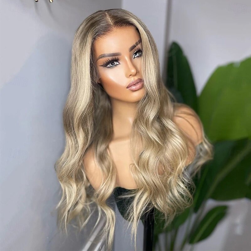 Brazilian Remy Human Hair Ombre Highlight 5x5 Closure Wigs 13x4 Lace Front Human Hair Wig Wavy Ash Blonde Human Hair Gluelesswigs Pre-Plucked For Women4