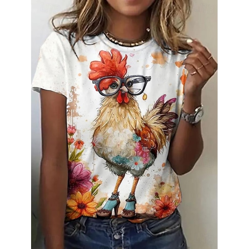 Women's T Shirt Animal Rooster Elegant Fashion Stylish Short Sleeve Round Neck Regular Tops Daily Going out Weekend Print White Summer