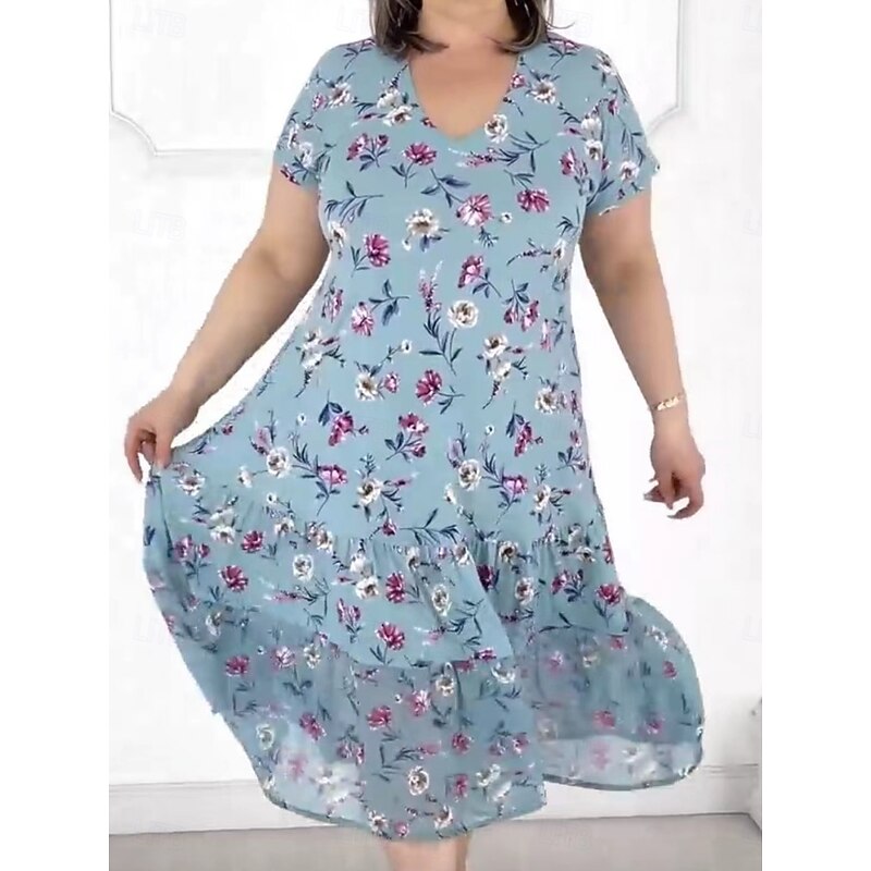 Women's Midi Dress Casual Dress Stylish Casual Vacation Daily Regular Fit Floral Short Sleeve V Neck White Blue Summer