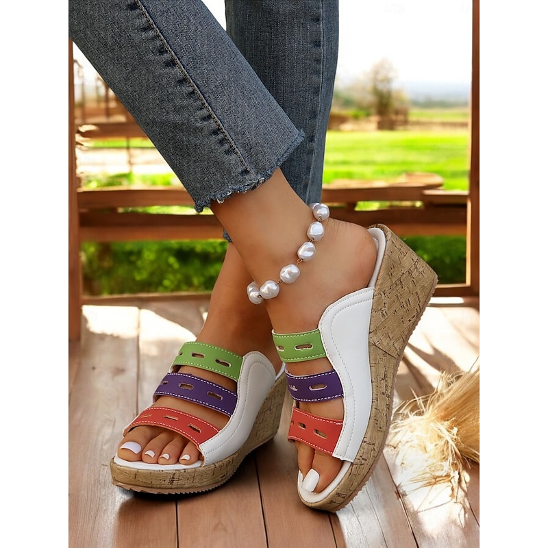 Multi-Colored Wedge Sandals for Women – Stylish Open-Toe Slide Sandals with Comfortable Platform for Casual Summer Outfits