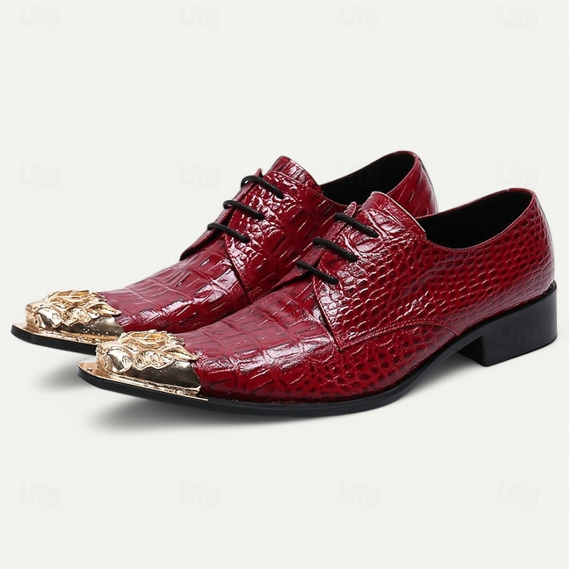 Men's Premium Red Crocodile-Patterned Leather Dress Shoes with Gold Tip Gold Lion Head Toe–Stylish Formal Footwear for Special Occasions2