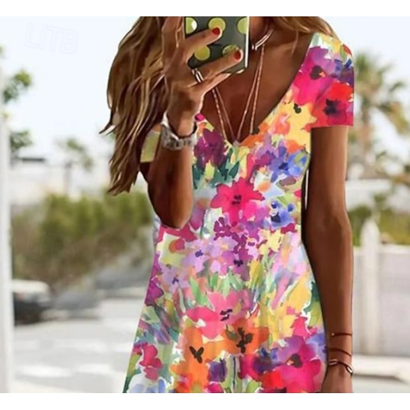 Women's Mini Dress Casual Dress Elegant Tropical Hawaiian Daily Regular Fit Floral Short Sleeve Crew Neck Magenta White Pink Light Red Summer2