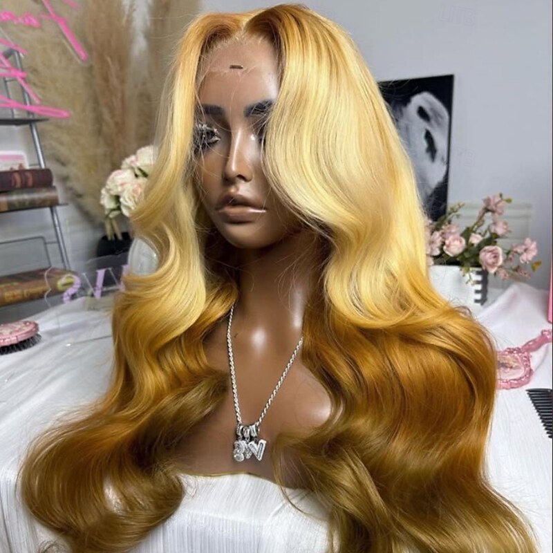 Remy Human Hair 5x5 Closure 13x4 Lace Front Wig Free Part Brazilian Hair Wavy Blonde Wig 130% 150% Density with Baby Hair Ombre Hair Glueless Pre-Plucked For Women Long Human Hair Lace Wig4