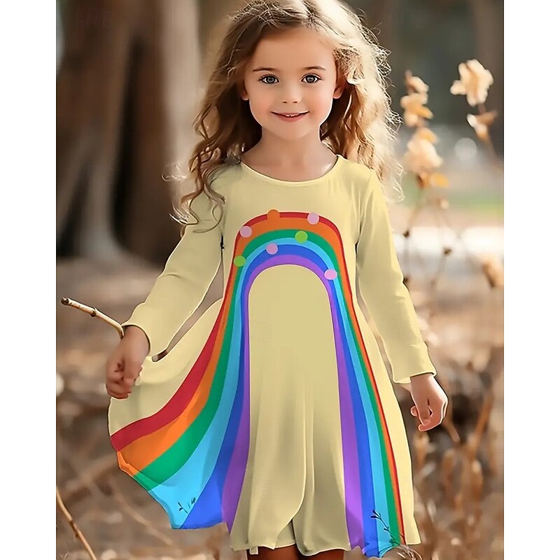 Girls' 3D Rainbow Dress Long Sleeve Summer Vacation Daily Holiday Princess Beautiful Sweet Kids 4-12 Years Casual Dress A Line Dress Knee-length Regular Fit