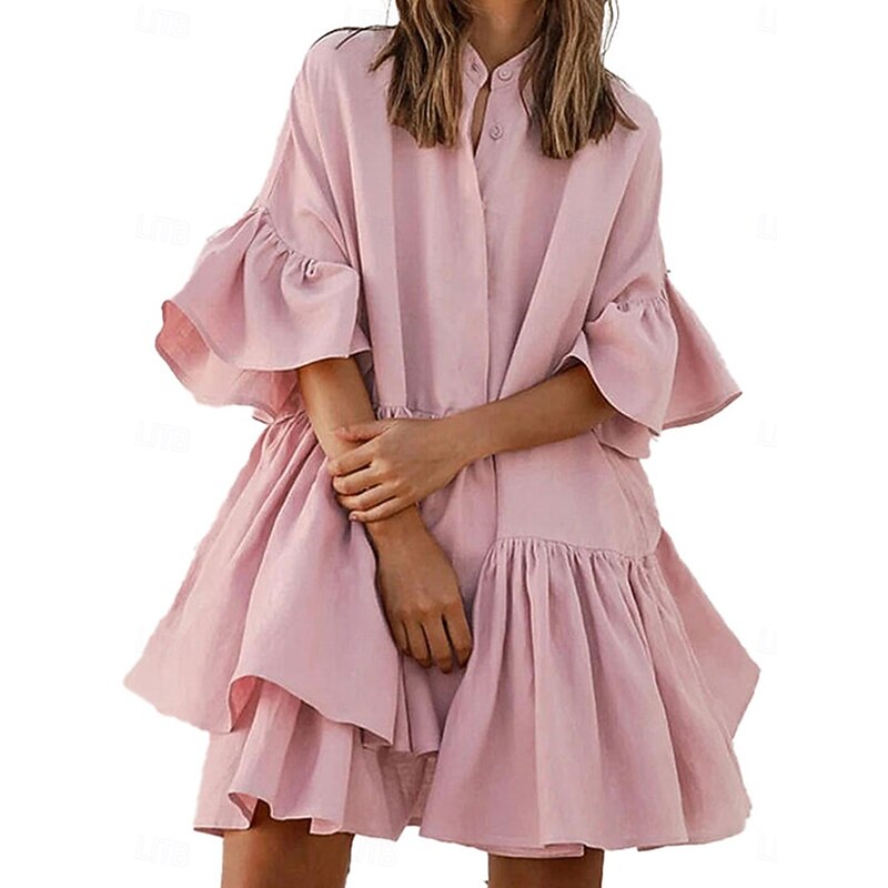 Women's Mini Dress Casual Dress Chiffon Dress Elegant Cute Stylish Flared Sleeve Vacation Daily Loose Fit Plain Short Sleeve Stand Collar Black White Pink Summer Spring4