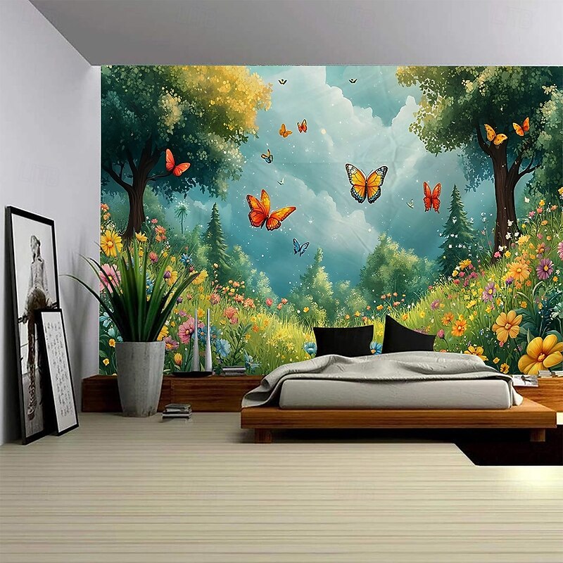 A forest plant flower butterfly path landscape hanging tapestry mural art large tapestry mural decoration photo background carpet curtain home bedroom living room decoration4