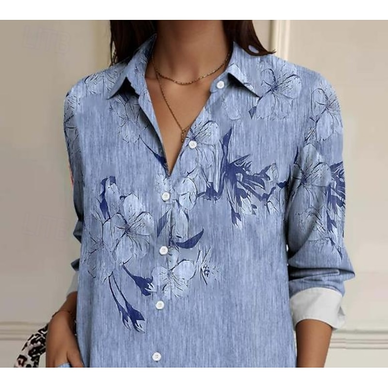Women's Shirt Button Down Tunic Shirt Collar Long Sleeve Floral Elegant Vintage Daily Regular Tops Work Daily Linen Like s Print Blue Spring2