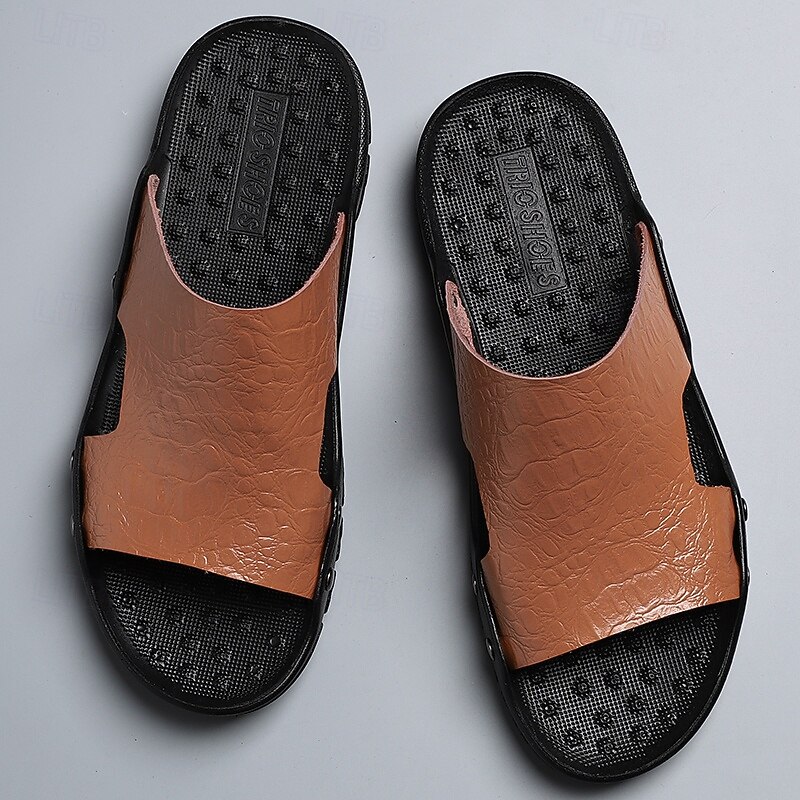 Men's Casual Brown Slide Sandals with Crocodile Pattern and Durable Rubber Sole – Comfortable Outdoor Footwear for Summer, Beach and Daily Wear2