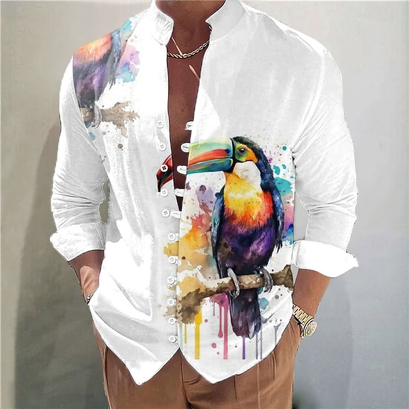 Men's Bird Parrot Shirt Linen Shirt Aloha Shirt Long Sleeve Casual Vacation Daily Wear Going out Spring Standing Collar 3D Print Button-Down Blue Purple2