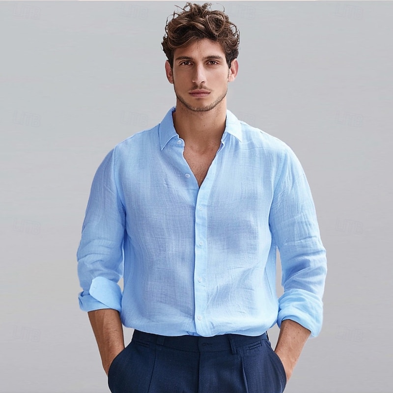 Men's Cotton Linen Casual Shirt Solid Color Vacation Wedding Outdoor Light Blue Long Sleeve Shirt Collar Summer Spring Clothing Apparel Buttons
