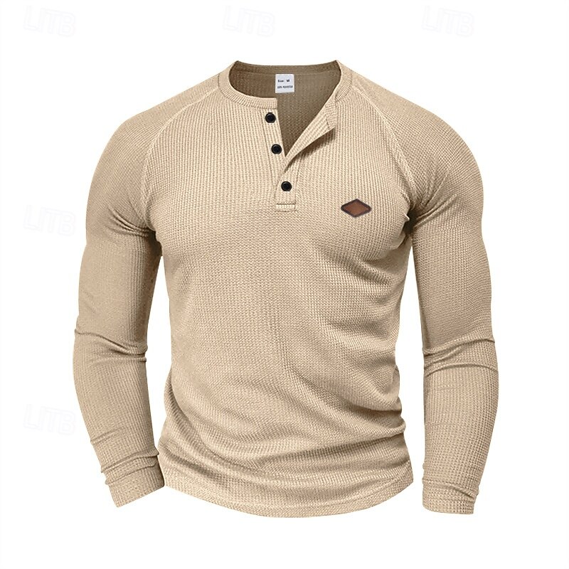 Men's Waffle Shirt Button T Shirt T Shirt Henley Shirt Long Sleeve Henley Spring &  Fall Solid / Plain Color Fashion Designer Raglan Sleeves Vacation Street Going out Apricot Black White Top Tee for