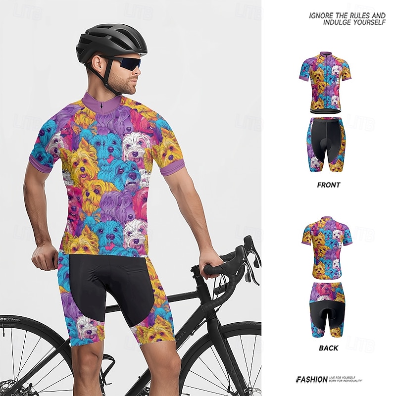 Men's Cycling Jersey with Shorts Dog Short Sleeve Bike Clothing Suit with 3 Rear Pockets Mountain Bike MTB Road Bike Cycling Front Zipper Sweat wicking Comfortable Breathable Sports Blue Purple3