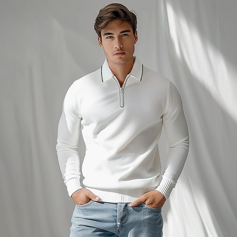 Men's Linen Silk Cotton  Quarter Zip Pullover Sweater Knit Half Zip Knitwear Elegant Home Dailywear Clothing Apparel Fall Winter Black White S M L