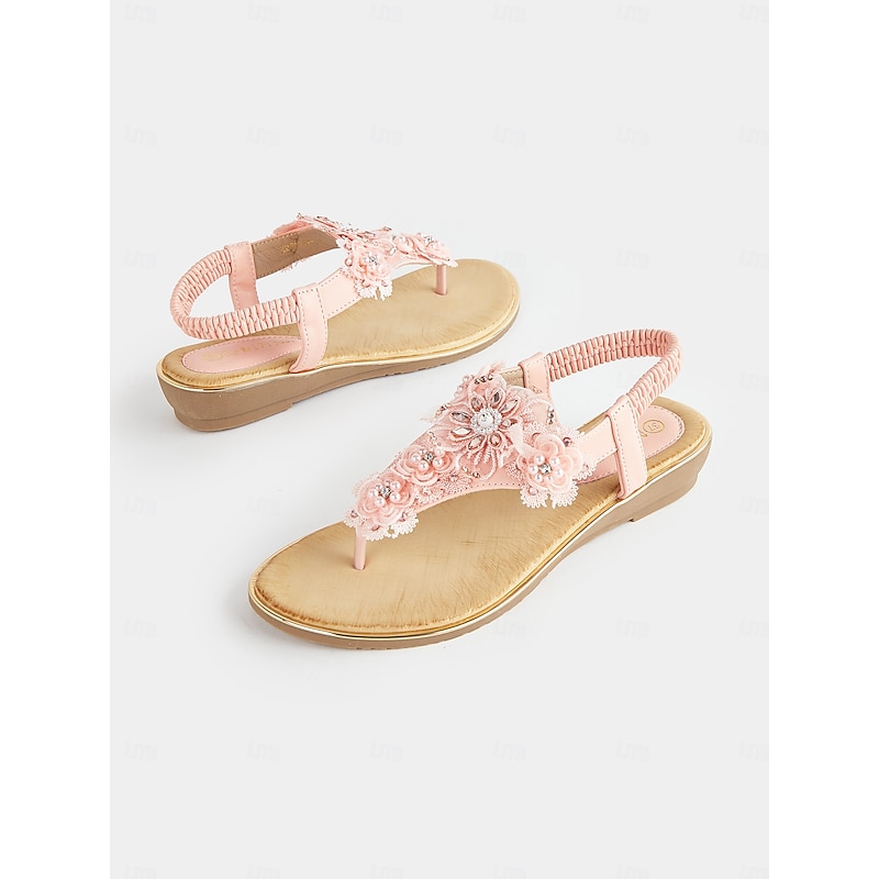 Women's Pink Floral Lace Embellished T-Strap Sandals – Comfortable Chic Summer Slip-On Footwear4
