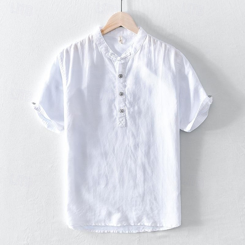 Men's Shirt Linen Shirt Popover Shirt Casual Shirt Cotton Shirt Plain Vacation Street White Navy Blue Sky Blue Green Short Sleeve Band Collar Summer Clothing Apparel Buttons