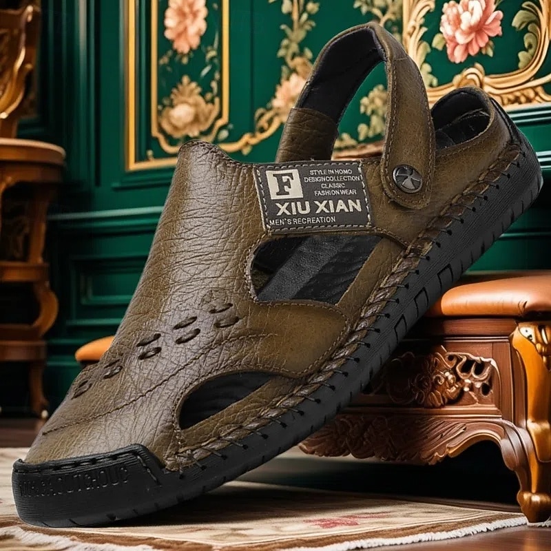 Men's Olive Green Leather Sandals with Adjustable Strap, Perforated Detailing, and Comfortable Sole – Perfect for Casual Wear, Outdoor Activities and Summer Adventures