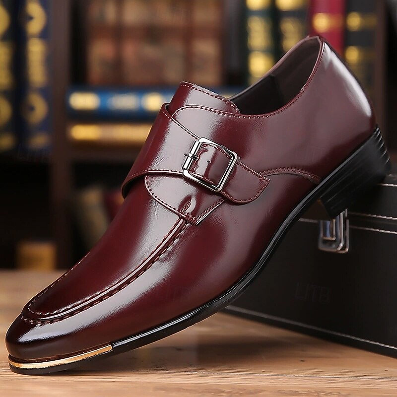 Men's Tan Faux Leather Monk Strap Shoes with Buckle Detail, Elegant Formal Footwear for Business and Special Occasions3