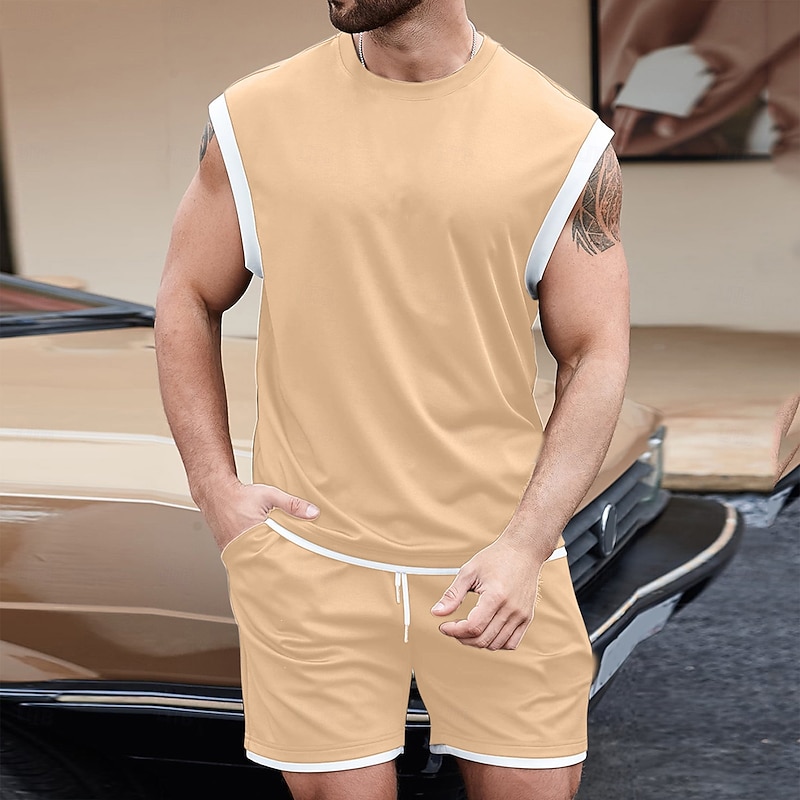 Men's T-shirt Suits Undershirt 2 Pieces Outfits Tee & Shorts Sleeveless Crewneck Summer Solid / Plain Color Fashion Casual 2 Piece Vacation Daily Wear Going out Black White Brown Top Tee for Men4