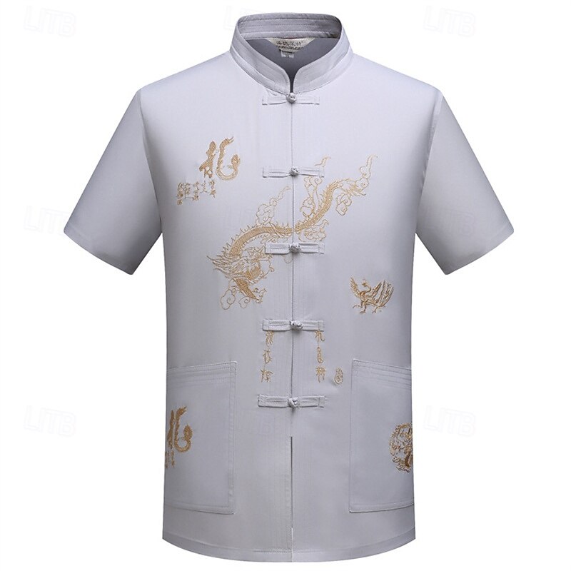 Men's Shirt Summer Shirt Casual Shirt Beach Shirt Button Up Shirt Light Yellow White Red Navy Blue Gray Short Sleeve Dragon Collar Vacation Hawaiian Embroidery Clothing Apparel Polyester Fashion4
