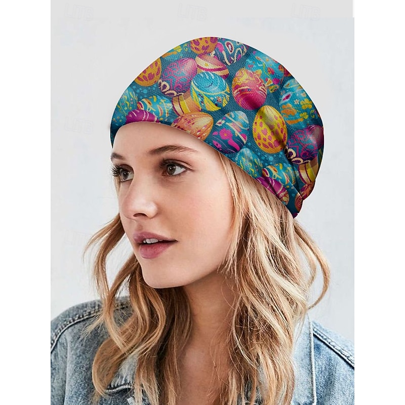Women's Easter Egg Print Lightweight Breathable Beanie Cap - Can  be worn as a neck gaiter, soft and stretchy fabric, suitable for casual and festive wear, perfect for spring and holiday celebrations3