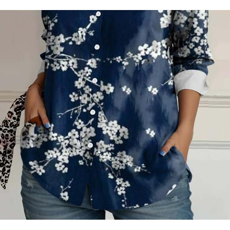 Women's Shirt Button Down Tunic Shirt Collar Long Sleeve Animal Geometric Casual Regular Tops Work Daily s Print Blue Spring Fall Winter3