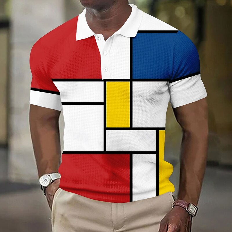 Men's Color Block Waffle Polo Shirts Short Sleeve Polo Shirts Collared Shirts Business Casual School Outdoor Dailywear Business Buttons 3D Print Summer Red Blue Orange2