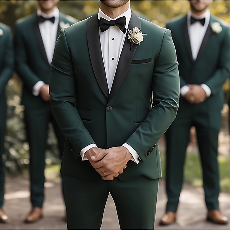 Men's Wedding Suits Dark Green Fashion Formal Solid Colored Standard Fit 2 Piece Single Breasted One-button2