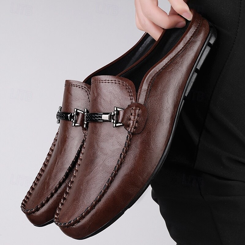 Men's Brown Slip-on Loafers with Metallic Buckle, Casual Faux Leather Shoes for Everyday Wear2