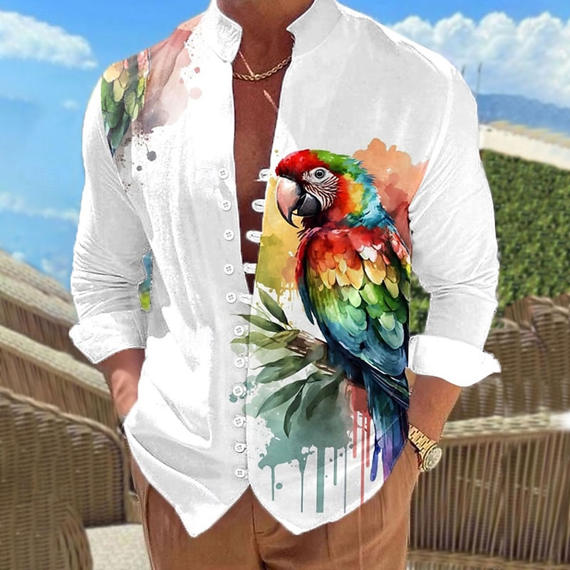 Men's Bird Parrot Shirt Linen Shirt Aloha Shirt Long Sleeve Casual Vacation Daily Wear Going out Spring Standing Collar 3D Print Button-Down Blue Purple
