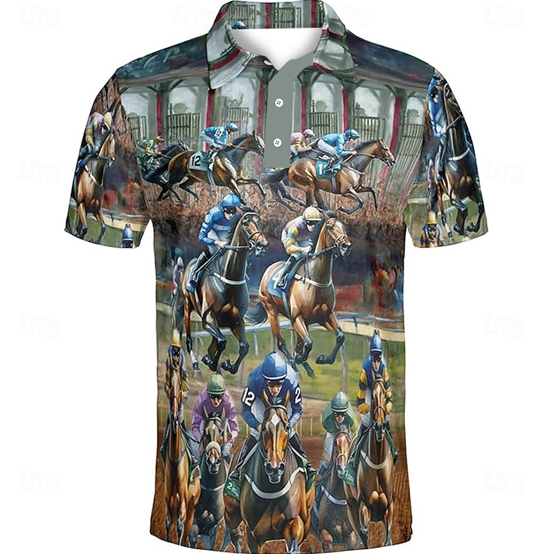 Kentucky Derby Men's Horse Racing Polo Short Sleeve Polo Shirts Collared Shirts Business Casual Outdoor Daily Wear Festival Outfit 3D Print Summer Spring Fall Black Green Gray