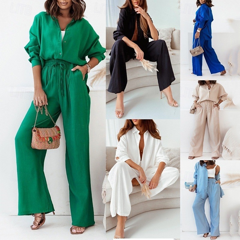 Women's Fashion Streetwear Shirt Linen-Inspired Sets Two Piece Sets Linen Pants Pants Trousers Long Sleeve Shirt Collar Solid Color Drawstring Daily Wear Date Black White Blue Summer Regular Fit