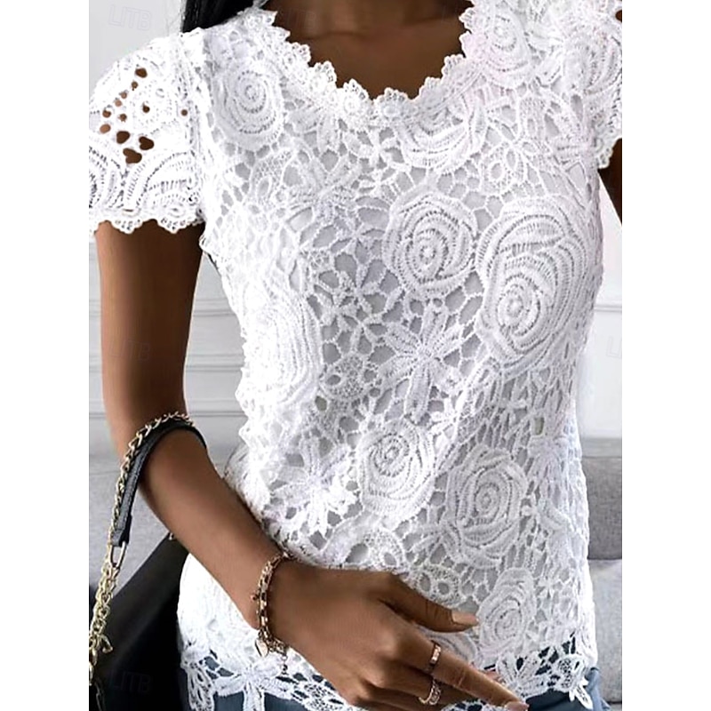 Women's Blouse Solid Color Elegant Daily Stylish Short Sleeve V Neck Regular Tops Daily Holiday Going out Lace White Pink Wine Blue Summer Spring