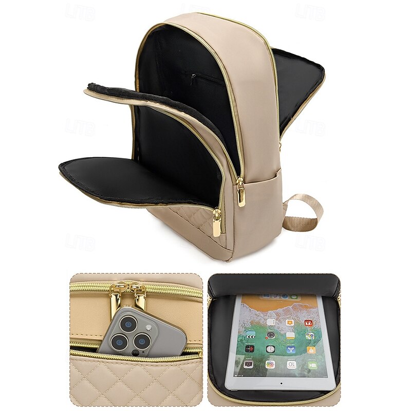 Women's Beige Quilted Backpack with Double Zippers, Gold Trim, Adjustable Straps - Stylish and practical women's backpack, perfect for work, school or casual outings Black Pink Brown3