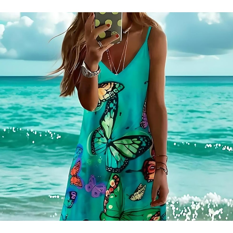 Women's Maxi Dress Casual Dress Sundress A Line Dress Vacation Tropical Casual Vacation Casual Daily Regular Fit Floral Butterfly Sleeveless V Neck Green Summer Spring2