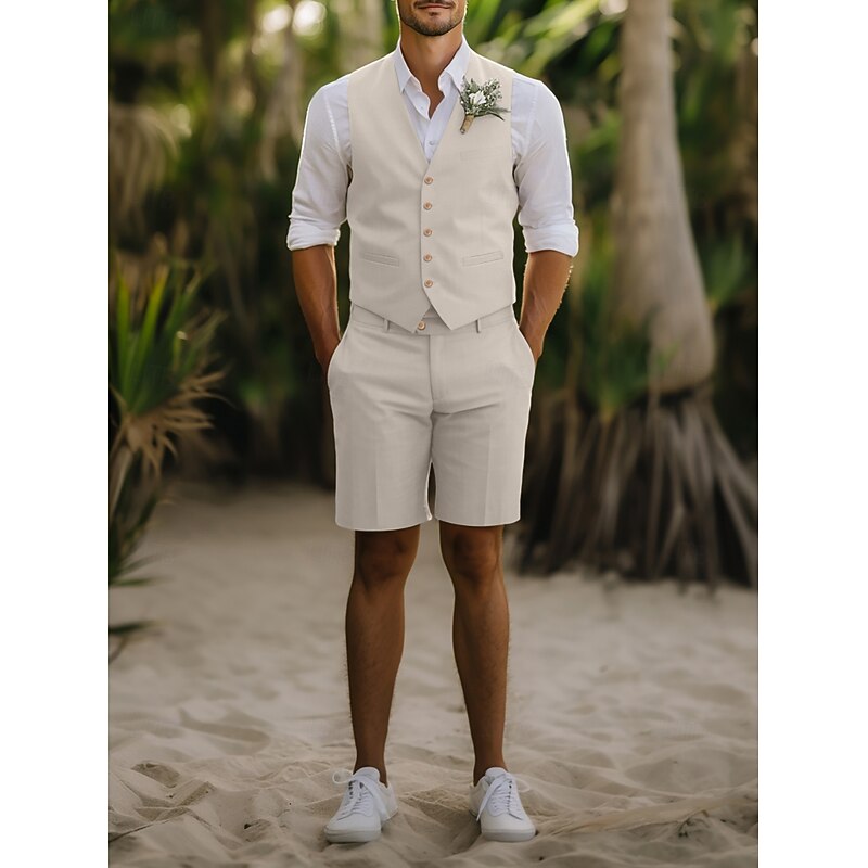 Men's Wedding Linen Suits Sky Blue khaki Fashion Casual Solid Colored Standard Fit 2 Piece - Main Image