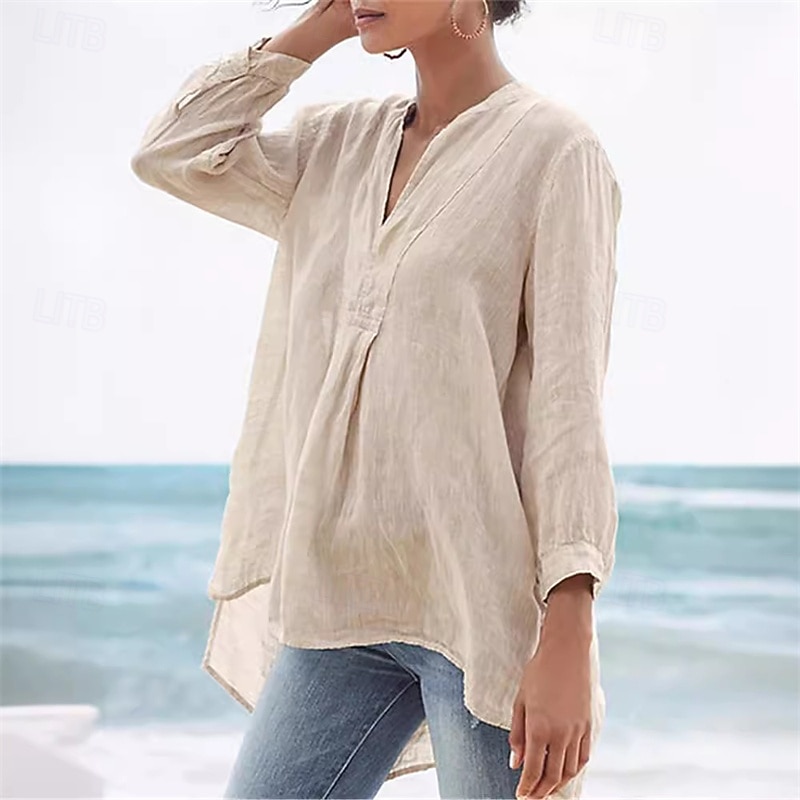 Women's Shirt Linen-Inspired Shirts Plain Daily Stylish Basic 3/4 Length Sleeve V Neck Regular Tops Work Daily Holiday Black White Beige Spring Fall