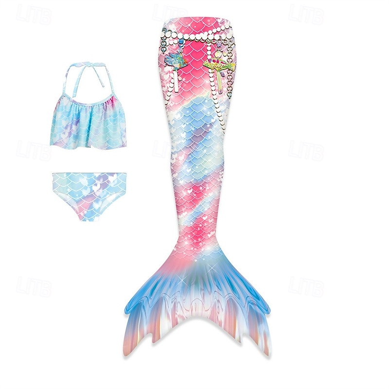 Kids Girls' Mermaid Swimwear Swimsuit Holiday Beach Scales Vacation Tropical Bathing Suits 4 years+ Summer Light Pink Yellow4