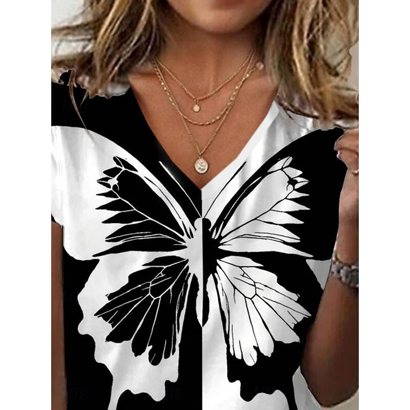 Women's T Shirt Butterfly Stylish Casual Short Sleeve V Neck Regular Tops Daily Print Black Summer2
