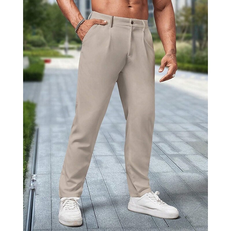 Men's Dress Pants Trousers Chinos Slacks Pleated Pants Buttons Pocket Plain Comfort Formal Party Work Fashion Classic Style Light Khaki Black Micro-elastic4