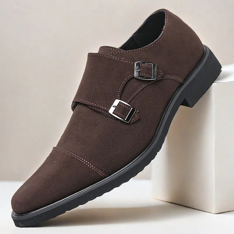 Men's Brown Double Monk Strap Shoes, Suede Upper with Buckle Detailing, Stylish Footwear for Formal and Casual Occasions - Main Image
