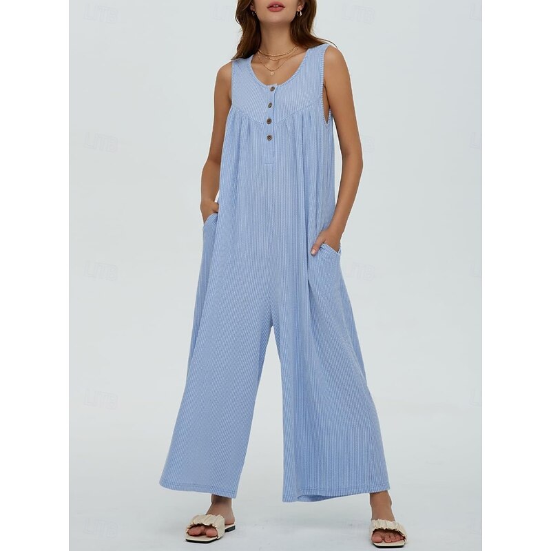 Women's Normal Jumpsuit Active Solid Color Sleeveless U Neck Buttons Pocket Vacation Daily Regular Fit Black Navy Blue Blue Summer2