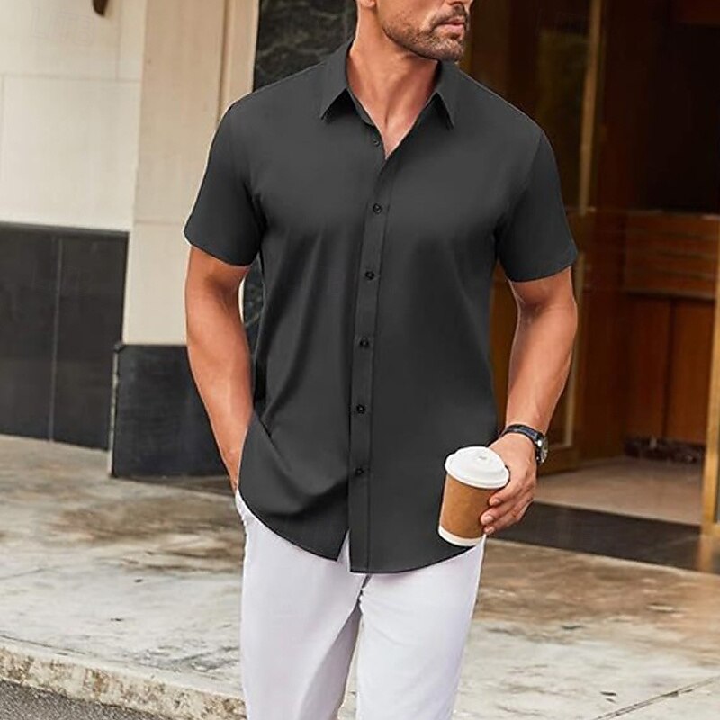 Men's Shirt Dress Shirt Button Up Shirt Solid Color Wedding Party Black White Pink Wine Short Sleeve Lapel Summer Clothing Apparel Buttons2