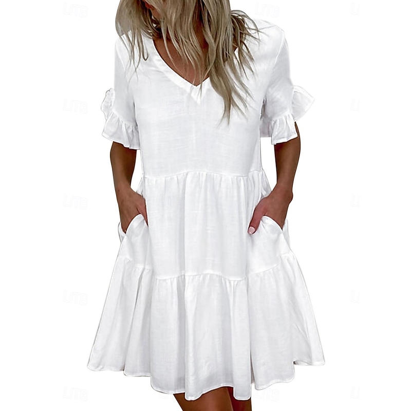 Women's Mini Dress White Dress Casual Dress Ruffle Dress Puff Sleeve Dress Basic Casual Vacation Daily Regular Fit Plain Sleeveless V Neck White Yellow Blue Summer4
