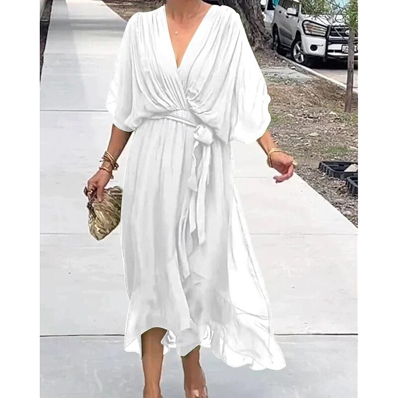 Women's Midi Dress White Dress Casual Dress Cocktail Dress Wedding Guest Dress Elegant Stylish Batwing Sleeve Vacation Daily Date Regular Fit Plain Half Sleeve V Neck Black White Gray Summer Spring2