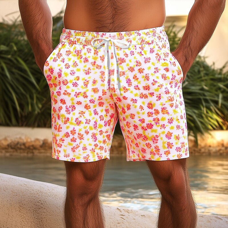 Men's Floral Print Flowers Swim Trunks Swim Shorts Board Shorts Mid Waist Hawaiian Casual Vacation Holiday Beach Wear Side Pockets Mesh Lining Elastic Drawstring Waist Designer Clothing Apparel