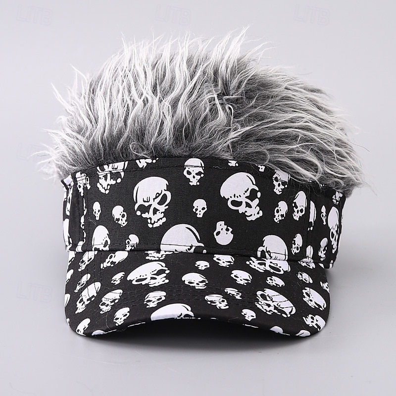 Men's Visor Hat with Spiked Wigs Fake Hair Visor Wig Men Sun Hat Baseball Cap Wig Hat Black Coffee 100% Cotton Print Fashion Casual Daily Festival Skulls Adjustable Sunscreen Breathable3