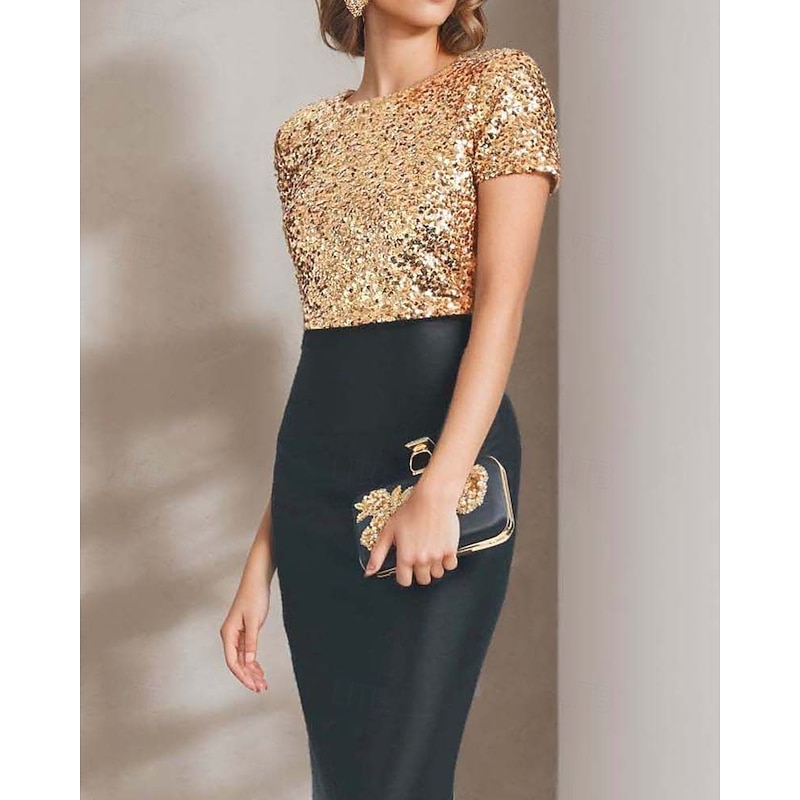 Mermaid / Trumpet Evening Gown Elegant Dress Formal Evening Party Floor Length Short Sleeve Crewneck Satin with Glitter3