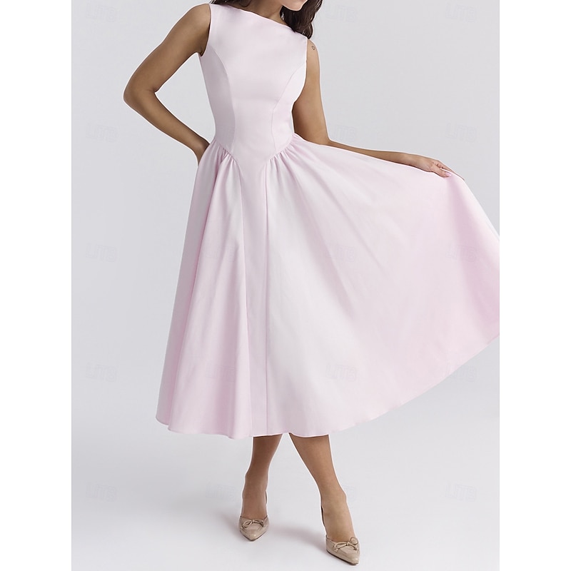 Retro Vintage 1950s Midi Dress Flare Dress Spaghetti Strap Corset Solid Color A-Line Slash Neck Fancy Dress Women's Masquerade Wedding Vacation Tea Party Adults' Dress2