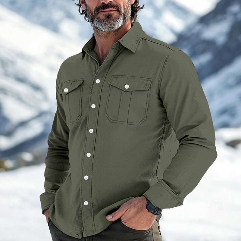 Men's Shirt Casual Shirt Button Up Shirt Black White Light Green khaki Army Green Long Sleeve Plain Collar Outdoor Going out Front Pocket Clothing Apparel Fashion Casual Comfortable