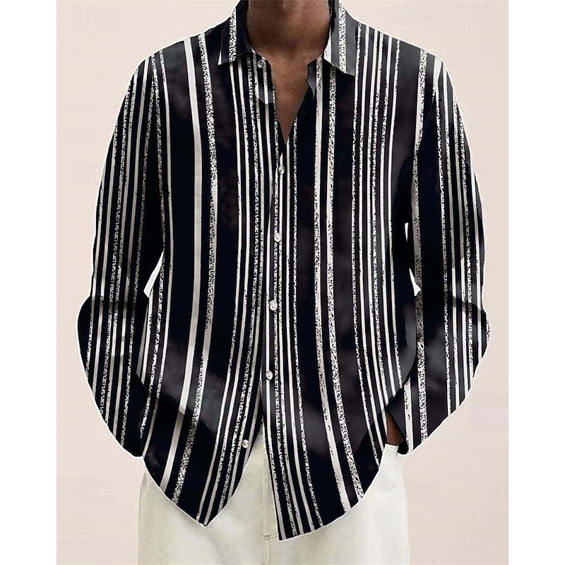 Men's Shirt Summer Shirt Casual Shirt Beach Shirt Button Up Shirt Black Blue khaki Beige Light Blue Long Sleeve Graphic Stripe Lapel Vacation Hawaiian Button-Down Clothing Apparel Polyester Fashion2